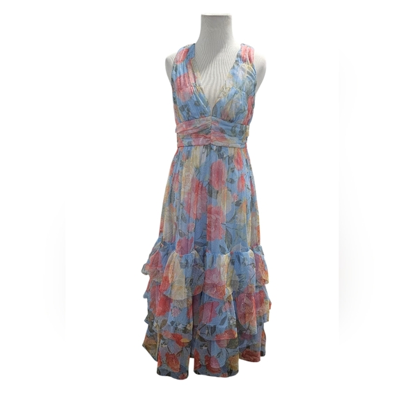 Lulus Perfectly Divine Blue Floral Tulle Tiered Ruffled Midi Dress - Picture 4 of 5